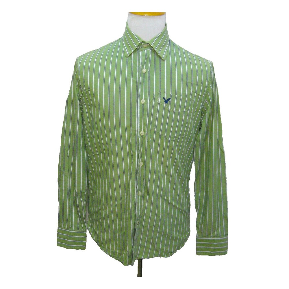 American Eagle Outfitters Shirt Mens Medium Green Striped Button Front Logo Top